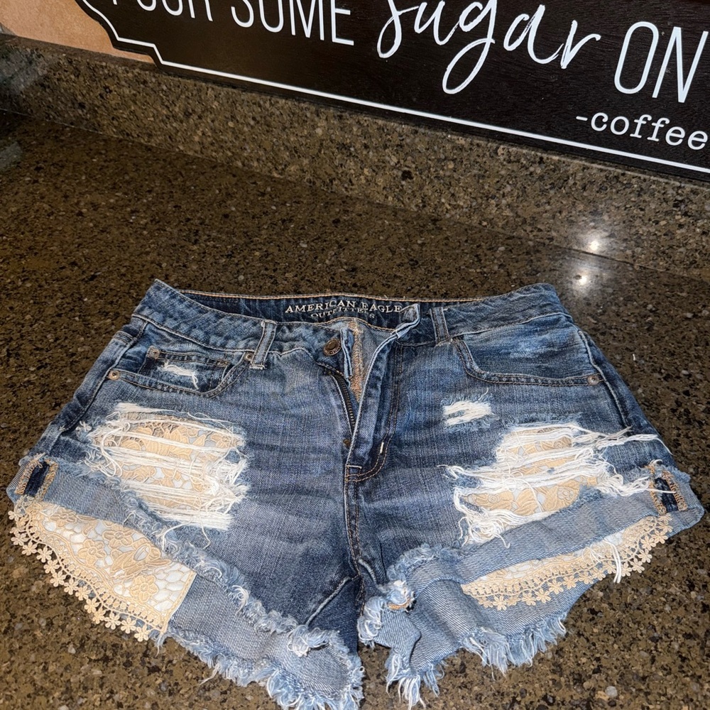 American Eagle Outfitters Women's Lace Trim Jean Shorts - Blue